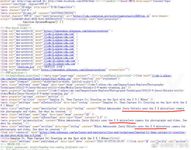 尼康官方网站的元标签包含「Z8」字符串