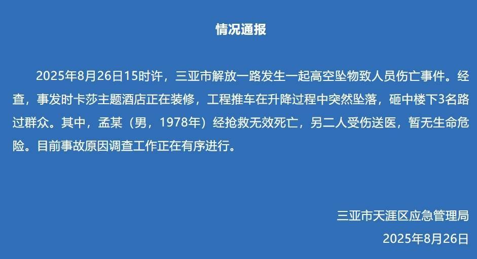 三亚通报：一酒店装修工程推车坠落<strong></p>
<p>农币网</strong>，砸中3名路人，其中1人经抢救无效死亡
