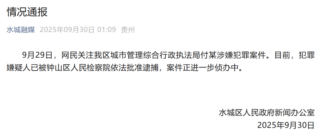 贵州六盘水凌晨通报：城管局付某涉嫌犯罪<strong></p>
<p>寰球币乐</strong>，已被批捕