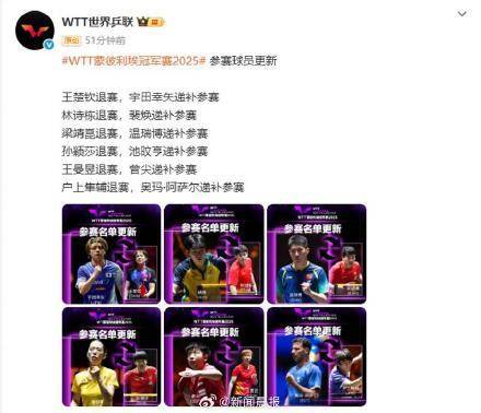 王楚钦、林诗栋、梁靖崑、孙颖莎、王曼昱退出蒙彼利埃冠军赛